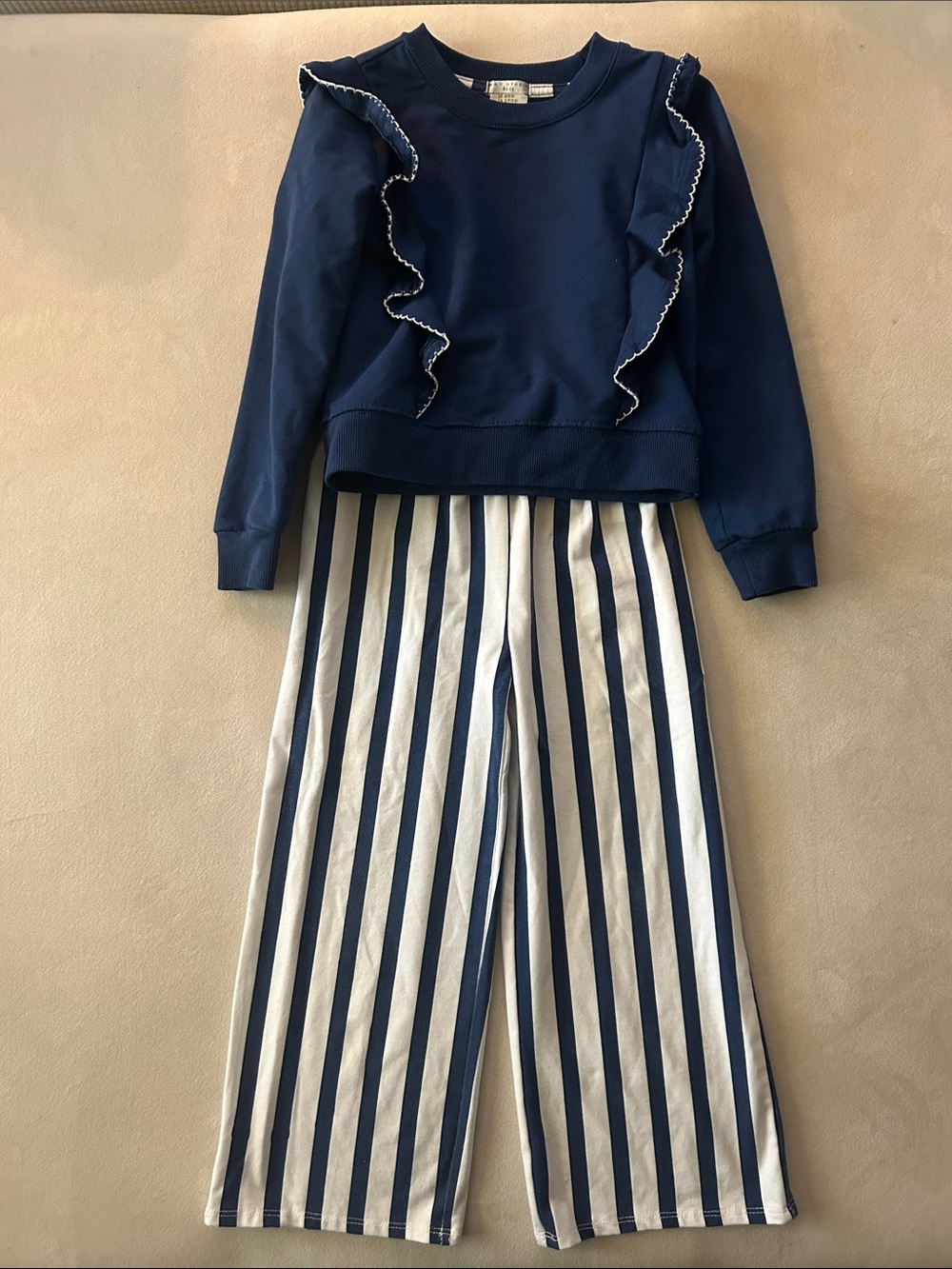 Max Studio Navy Ruffle Sweatshirt with Navy-and-White Striped Pants
